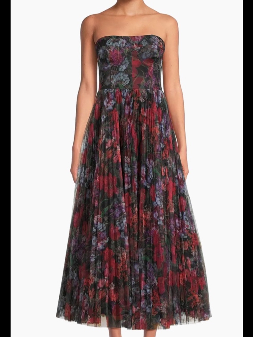 Hutch Strapless Floral Pleated Maxi Dress in Black, Red, Purple